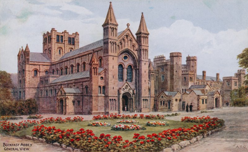 Buckfast Abbey, generell utsikt (litho i farger) av Alfred Robert Quinton