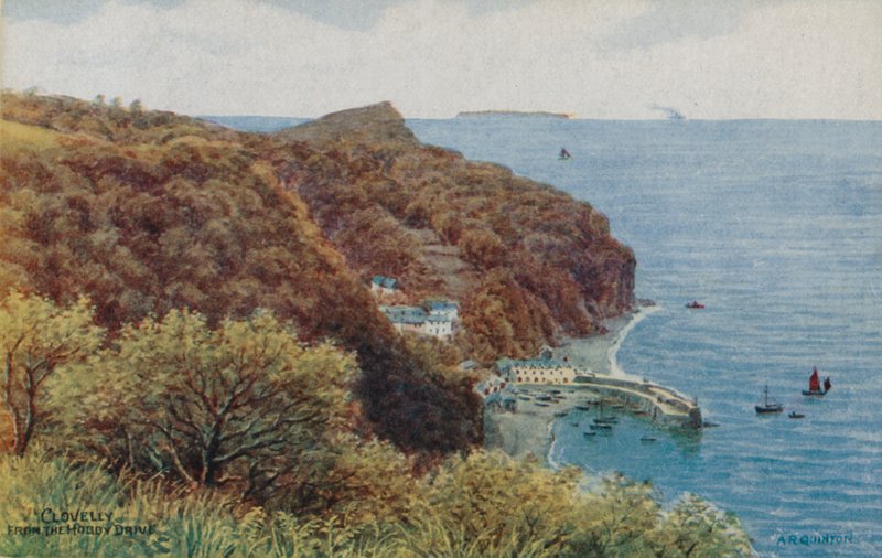 Clovelly fra Hobby Drive (farge litho) av Alfred Robert Quinton