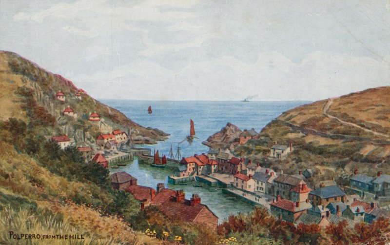 Polperro fra bakken (farge litho) av Alfred Robert Quinton