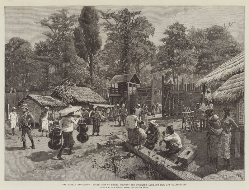 Burmah-ekspedisjonen, South Gate of Bhamo, som viser Stockade, Look-out Hut og Guard-House av Amedee Forestier