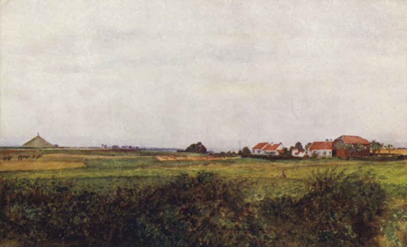 Farmen til La Belle Alliance, og haugen overvunnet av den belgiske løven, Waterloo av after Amedee Forestier