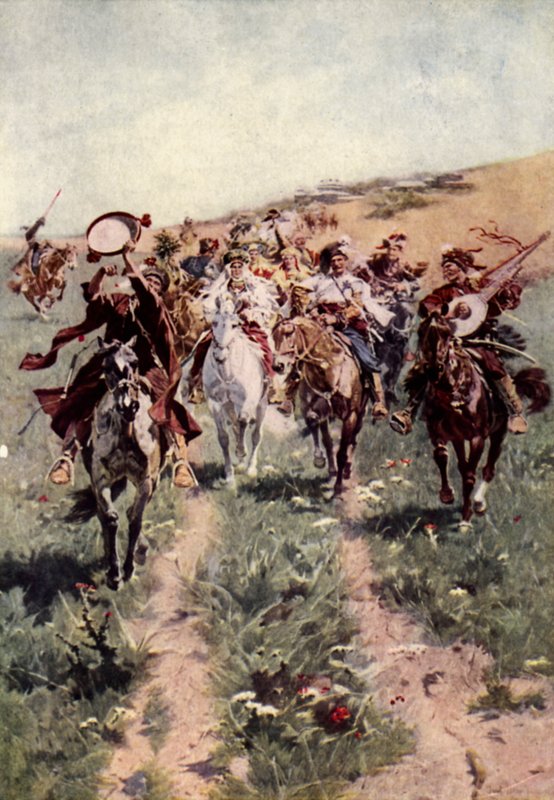 En kosakk-bryllupsprosesjon (litho i farger) av American School