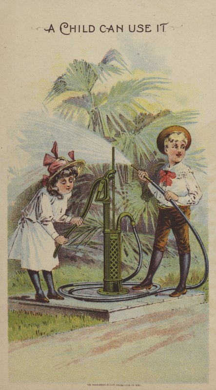Barn som leker med en vannpumpe (chromolitho) av American School