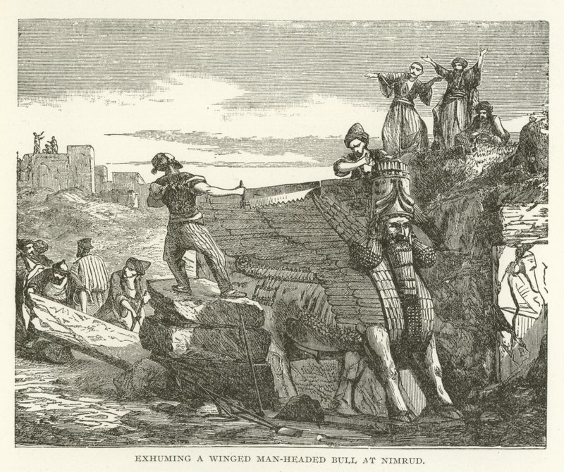 Graver opp en bevinget mann-hodet okse på Nimrud av American School