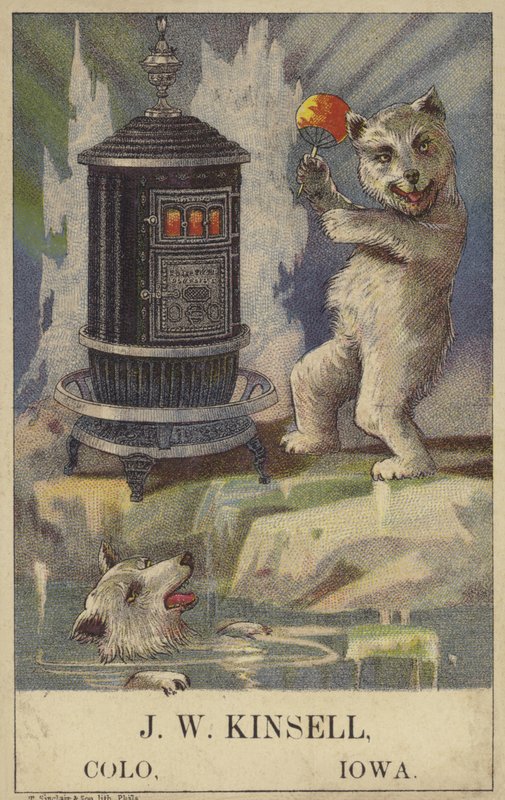 Isbjørn danser ved en komfyr (chromolitho) av American School