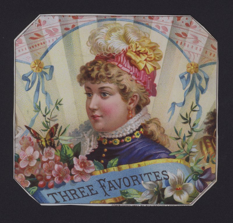 Tre favoritter, sigaretikett (chromolitho) av American School