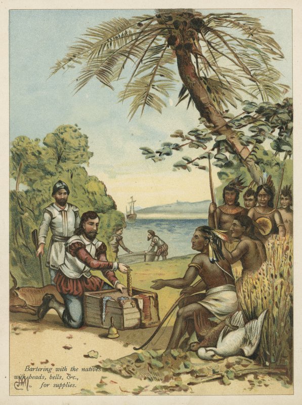 Columbus byttet med indianere for forsyninger (chromolitho) av Andrew Melrose