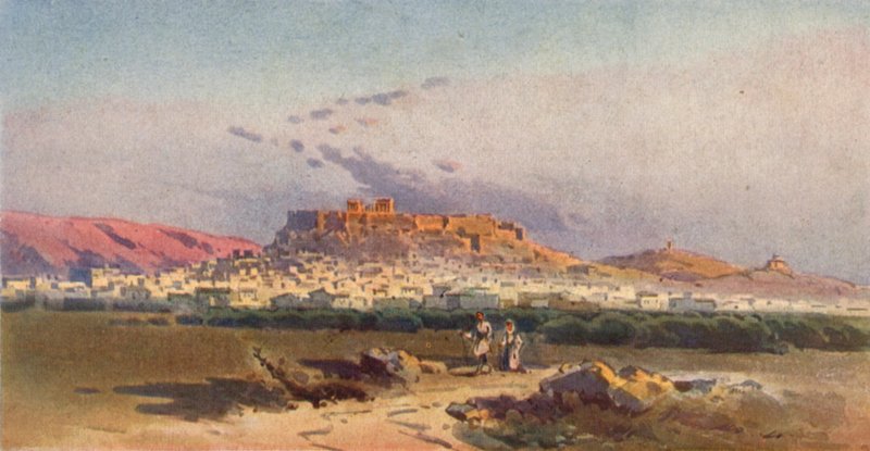 Athen og Akropolis (farge litho) av Angelos Giallinos