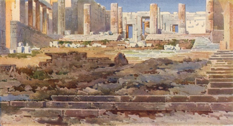 Propylaea på Akropolis, Athen (farge litho) av Angelos Giallinos