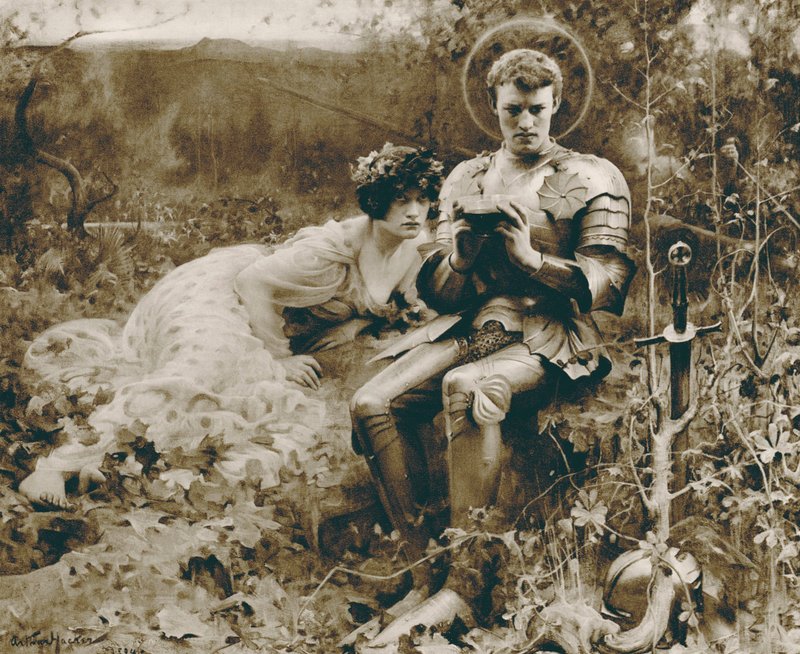 The Temptation of Sir Percival (fotogravyr) av Arthur Hacker