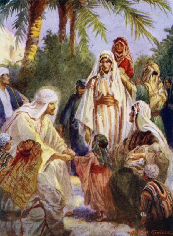 Jesus og barna (farge litho) av Arthur Twidle