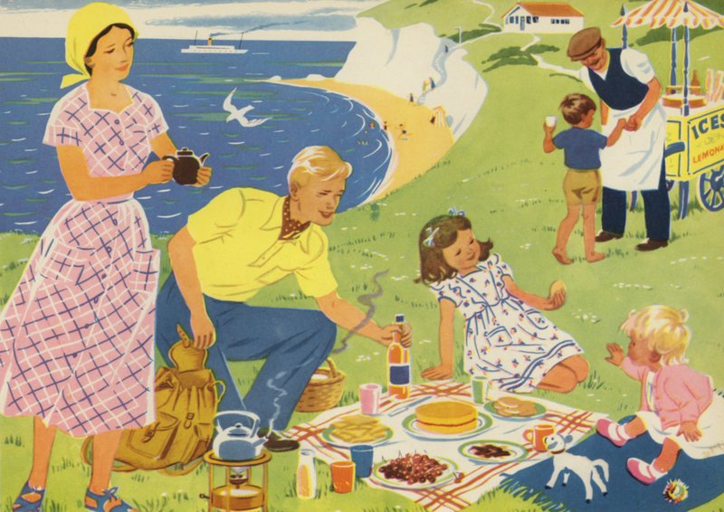 En piknik (fargelitho) av Audrey Brunton