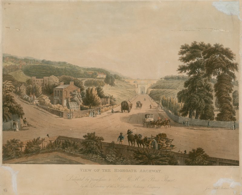 Utsikt over Highgate Archway av Augustus Charles Pugin