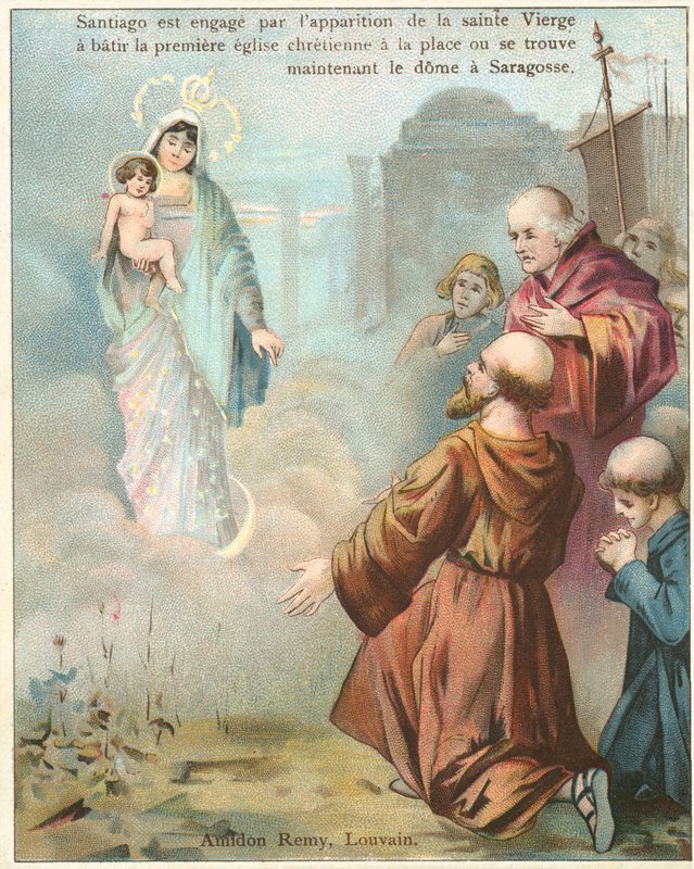 St James den store ser en visjon av Jomfru Maria i Saragossa (chromolitho) av Belgian School