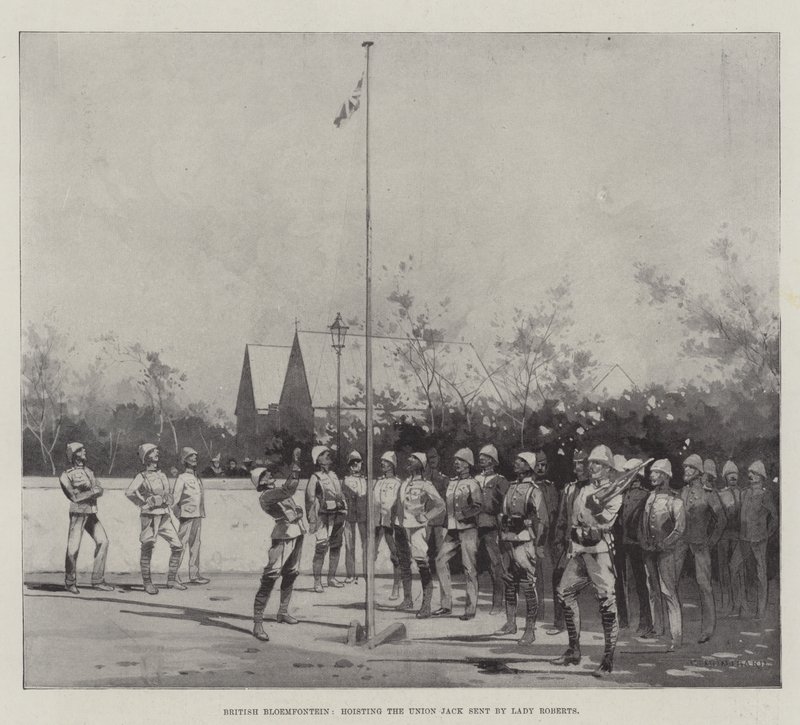 Britiske Bloemfontein, som heiser Union Jack sendt av Lady Roberts av Charles Auguste Loye