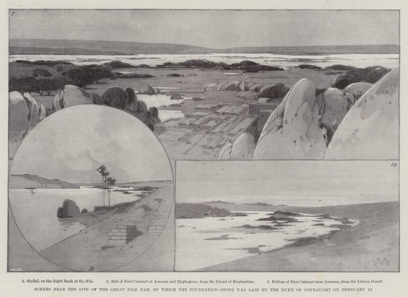 Scener nær stedet for den store Nildemningen, hvor grunnsteinen ble lagt av hertugen av Connaught 12. februar av Charles Auguste Loye
