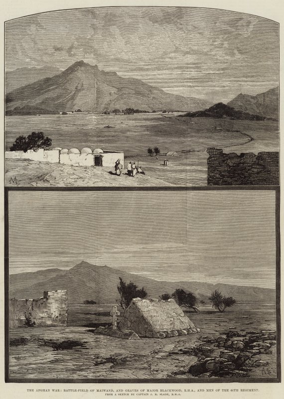 Den afghanske krigen, Battle-Field of Maiwand og gravene til major Blackwood, RHA og menn fra det 66. regiment av Charles Auguste Loye