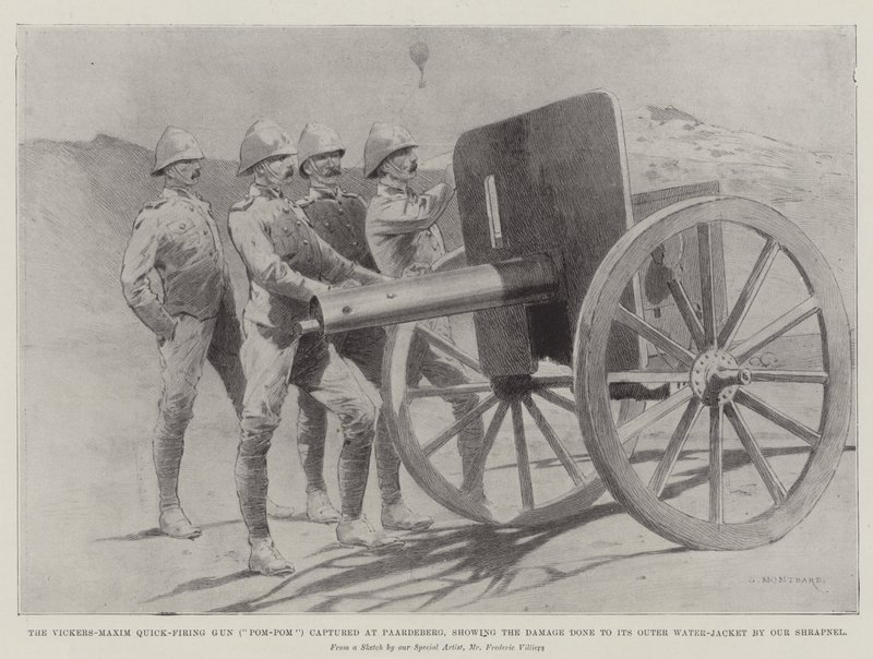 Vickers-Maxim Quick-Firing Gun (Pom-Pom) tatt til fange ved Paardeberg, og viser skaden gjort på dens ytre vannjakke av Our Shrapnel av Charles Auguste Loye