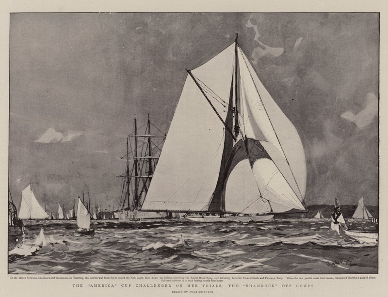 America Cup-utfordreren på sine forsøk, Shamrock utenfor Cowes av Charles Edward Dixon