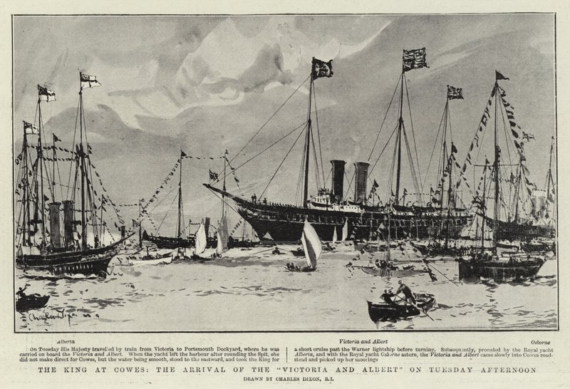 Kongen ved Cowes, Victoria og Alberts ankomst tirsdag ettermiddag av Charles Edward Dixon