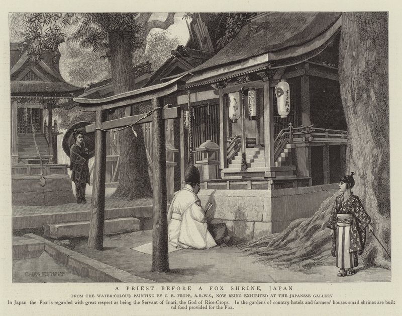 En prest foran en revehelligdom, Japan av Charles Edwin Fripp