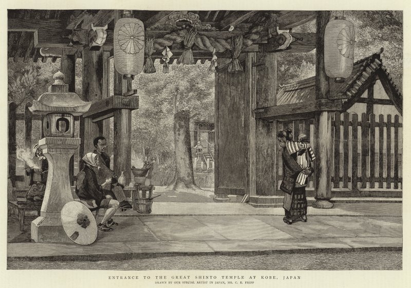Inngang til det store Shinto-tempelet i Kobe, Japan av Charles Edwin Fripp