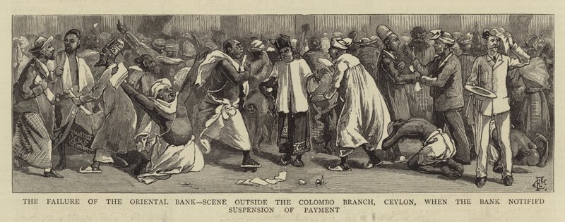 The Failure of the Oriental Bank, scene utenfor Colombo Branch, Ceylon, da banken varslet betalingssuspensjon av Charles Edwin Fripp