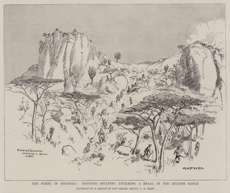 The Rising in Rhodesia, Mounted Infantry angriper en Kraal i Selundi Range av Charles Edwin Fripp