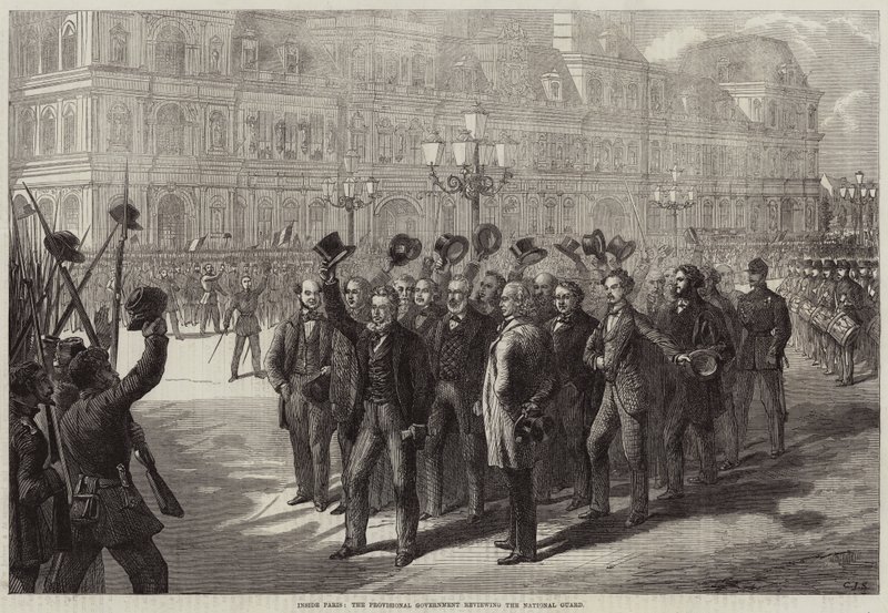 Inne i Paris gjennomgår den provisoriske regjeringen nasjonalgarden av Charles J. Staniland