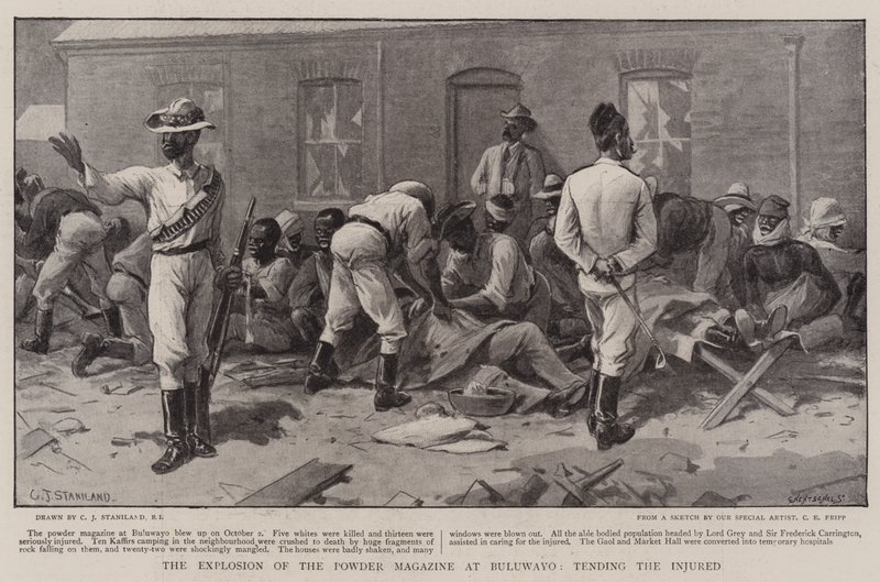 Eksplosjonen av Powder Magazine i Bulawayo, Tending the Injured av Charles J. Staniland