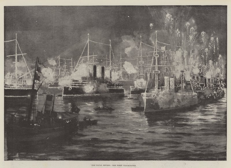Naval Review, flåten belyste litho av Charles John de Lacy