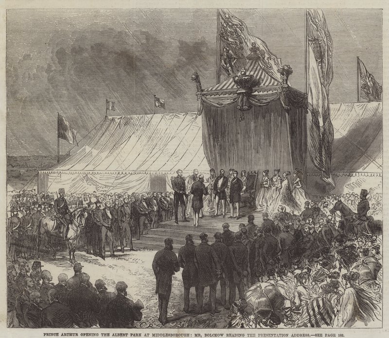 Prins Arthur åpner Albert Park i Middlesborough, Mr Bolckow leser presentasjonstalen av Sir John Charles Robinson