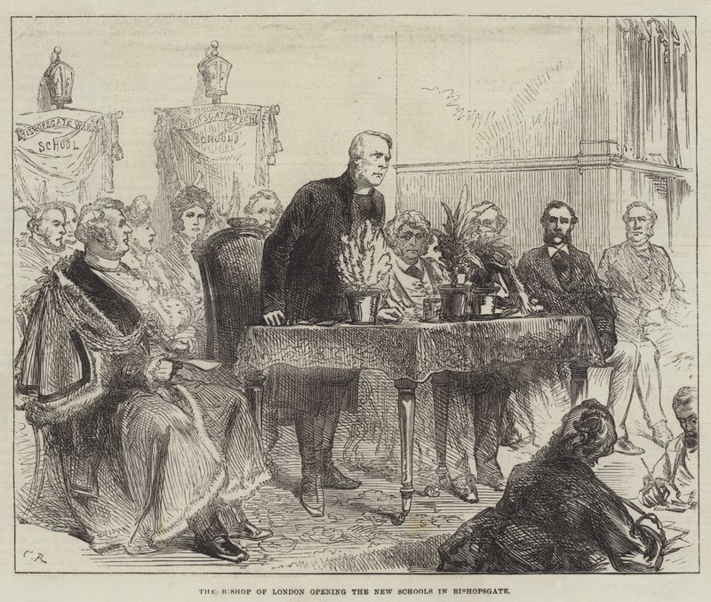 Biskopen av London åpner New Schools i Bishopsgate av Sir John Charles Robinson