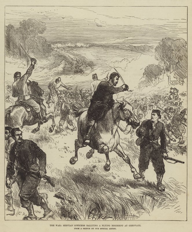 Krigen, serviske offiserer som samler et flygende regiment ved Greovatz av Sir John Charles Robinson