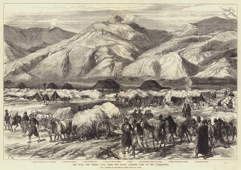 Krigen, Shipka-passet, fra sletten; Tyrkisk leir i forgrunnen av Sir John Charles Robinson