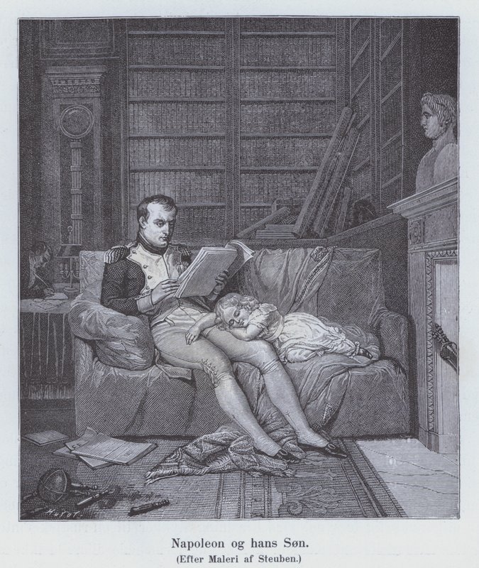 Napoleon I og sønnen hans (litho) av Charles Auguste Steuben