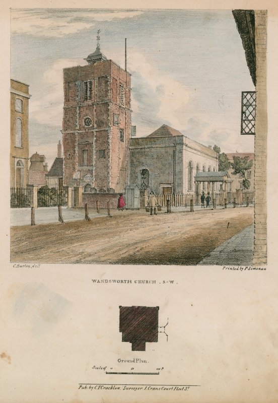 Sørvest-utsikt over Wandsworth Church av Charles Burton