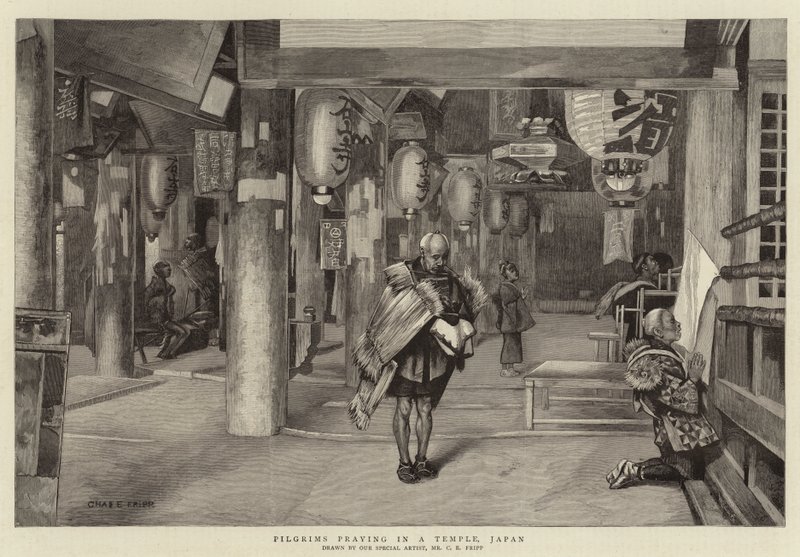 Pilegrimer ber i et tempel, Japan av Charles Edwin Fripp