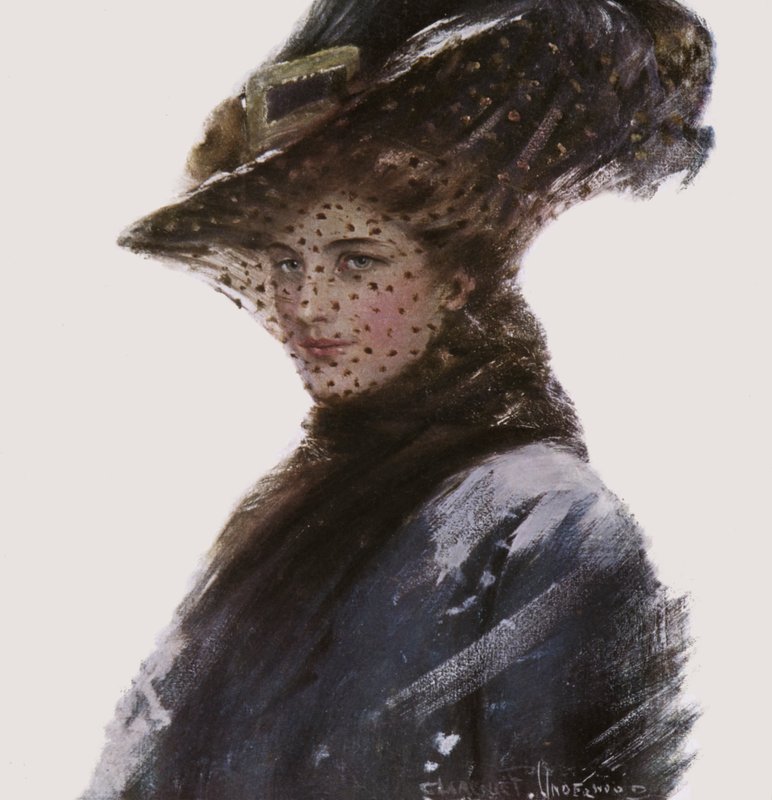 Portrett av en kvinne iført hatt og slør av Clarence F. Underwood