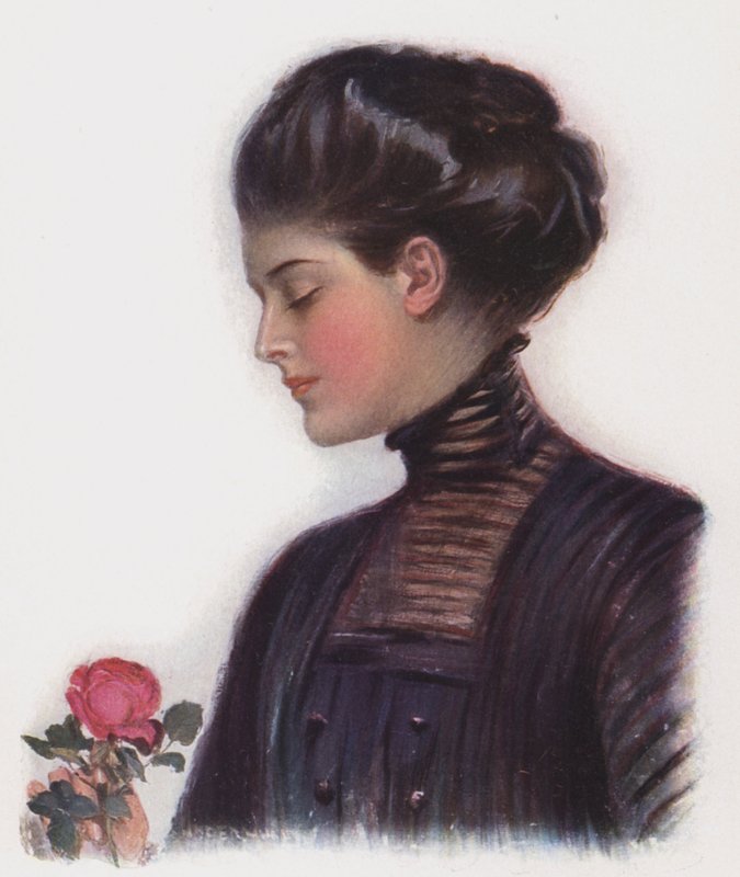 Jente med en rose (farge litho) av Clarence F. Underwood