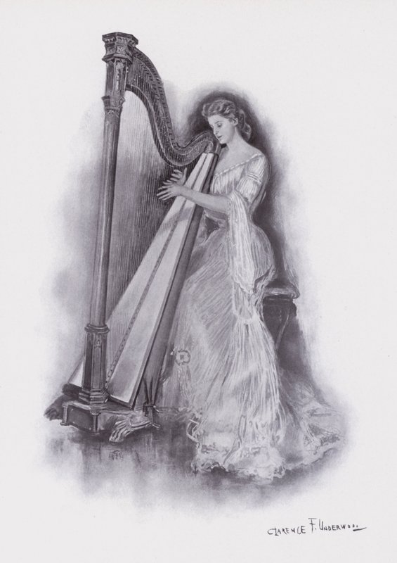 Kvinne spiller en harpe (farge litho) av Clarence F. Underwood