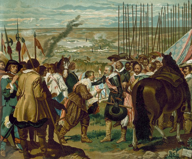 Overgivelsen av Breda, Nederland, 1625 (chromolitho) av Diego Velázquez