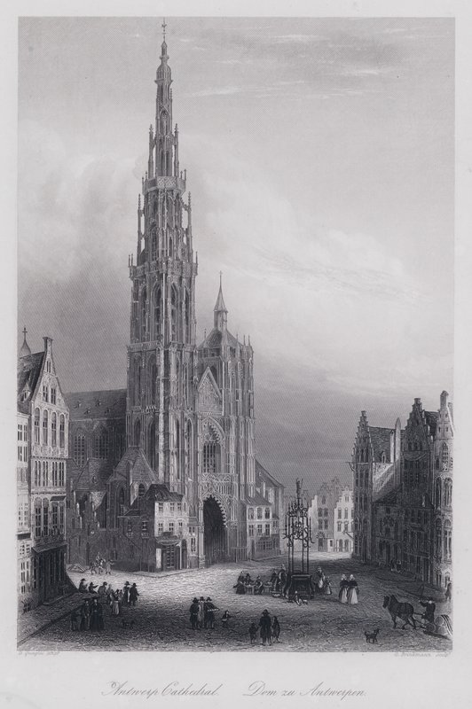 Antwerpen katedral (gravering) av Domenico (after) Quaglio