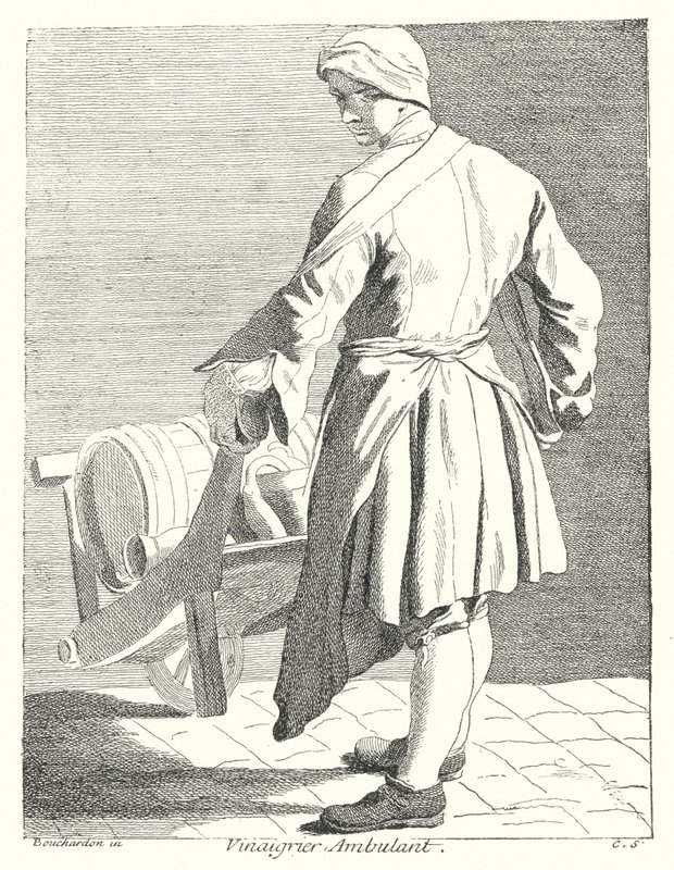 Reisende eddikselger (gravering) av Edmé (after) Bouchardon