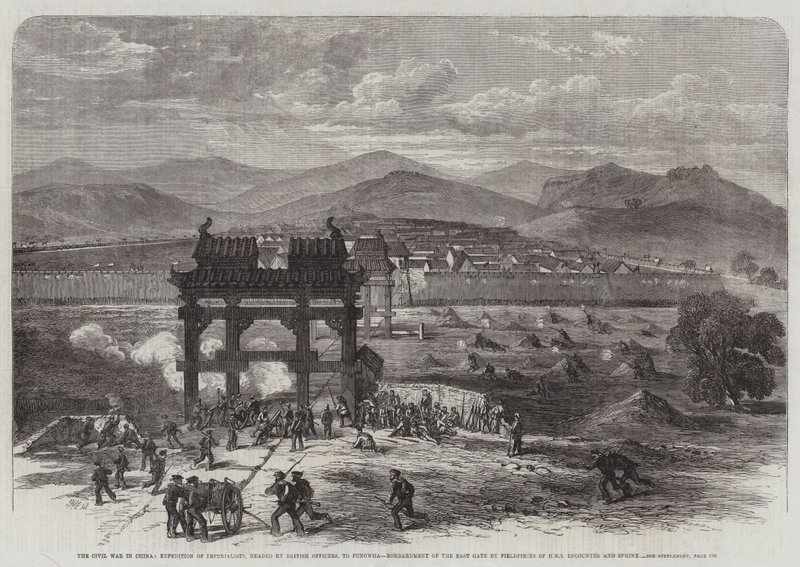 Borgerkrigen i Kina, Expedition of Imperialists, ledet av britiske offiserer, til Fungwha, Bombardment of the East Gate av Fieldpieces of HMS Encounter and Sphinx av Edmund Morison Wimperis