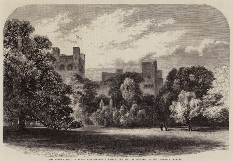 Dronningens besøk i Nord-Wales, Penrhyn Castle, setet til oberst den ærede Douglas-vimpel av Edmund Morison Wimperis