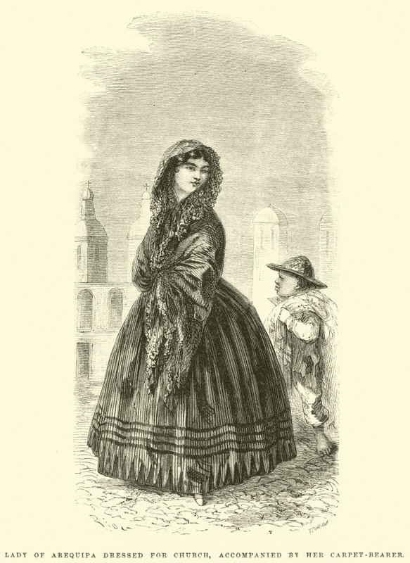 Lady of Arequipa kledde seg for kirken, akkompagnert av teppebæreren sin av Edouard Riou
