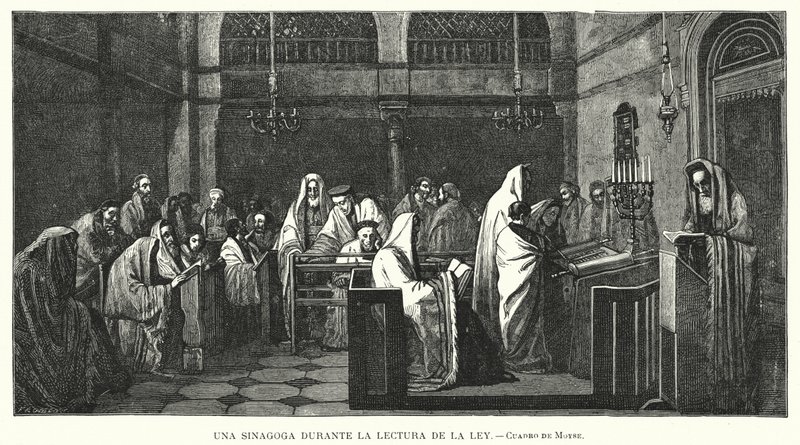 Synagoge under en Torah-lesning (litho) av Edouard Moyse