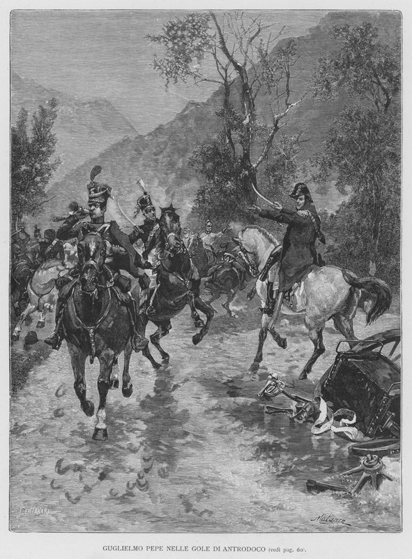 Guglielmo Pepe i Gorges of Antrodoco (gravering) av Edouardo Matania