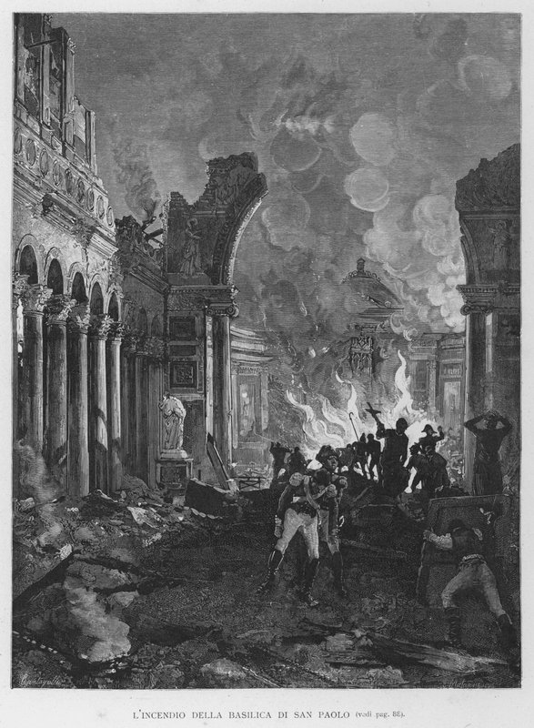 Ilden fra basilikaen San Paolo (gravering) av Edouardo Matania